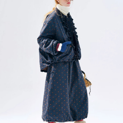 【2color】ドット柄フリルのバルーン裾キルティングジャケット《Z01360》