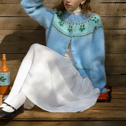 【2color】草花咲くヨーク刺繍のクロップドカーディガン《Z01078》