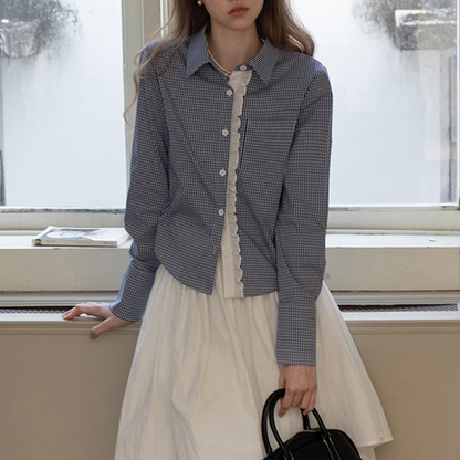 ギンガムチェック柄レースディテールシャツ　《Z00739》