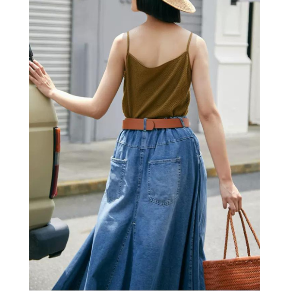 デニムミモレ丈フレアスカート w-012