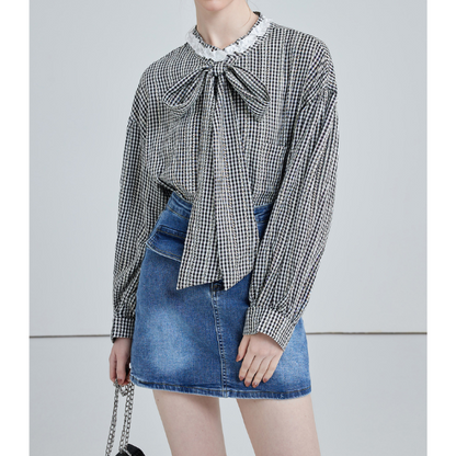 フロントリボンギンガムチェックルーズブラウス X-527