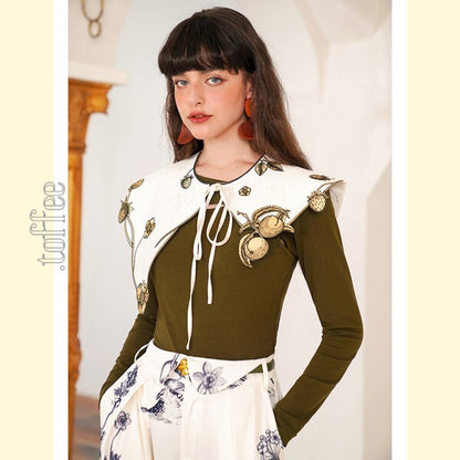 【2color】果物モチーフの植物画刺繍：ロマンティックフェアリーケープ　C0168