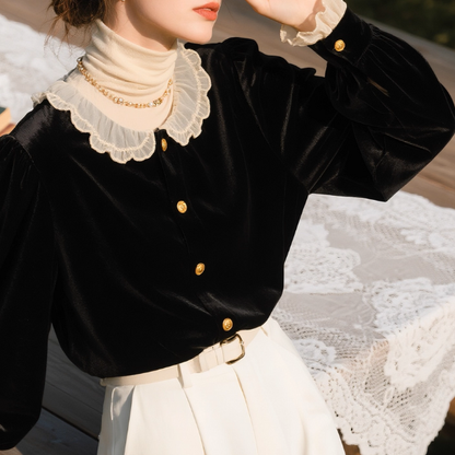 夜を纏うレーススカラップの光沢シャツ《Z01181》