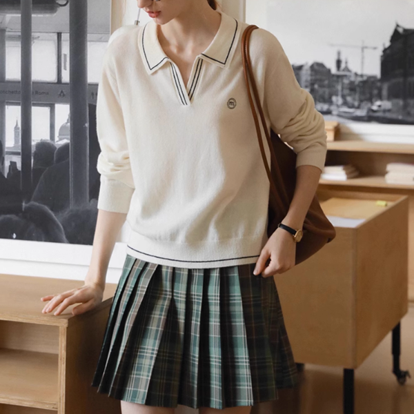 【2color】レトロ配色ポロカラーニットプルオーバー《Z01115》