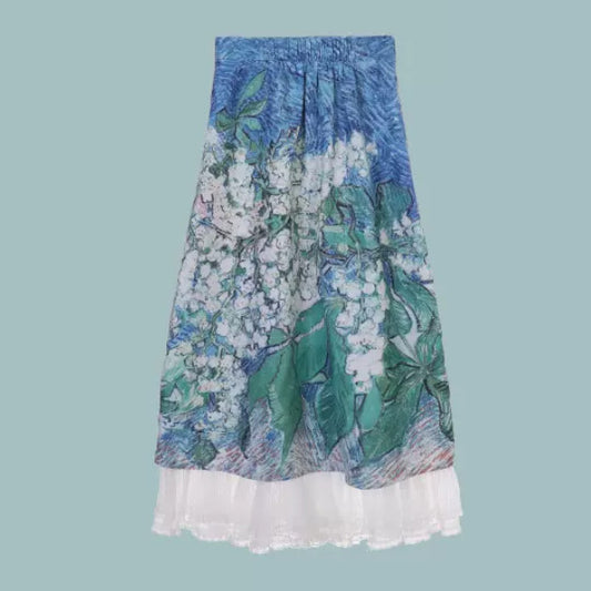 レースと油絵風プリント入りロングスカート Z00258