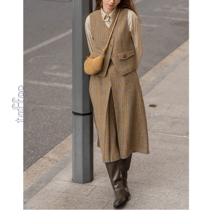 【3color】チェック柄リボン装飾ジレ＆ミモレ丈プリーツスカートセットアップ《Z00858》