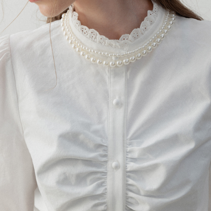 パール＆レースネックシャーリングロングスリーブシャツ　《Z00721》