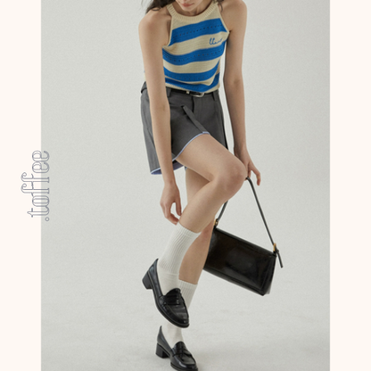 【2color】ホルターネックストライプニットトップ　Z00388