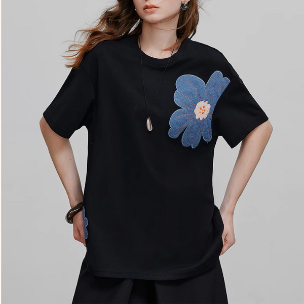 【3pattern】フラワーパッチワークオーバーサイズTシャツ《Z00935》