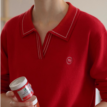 【2color】レトロ配色ポロカラーニットプルオーバー《Z01115》