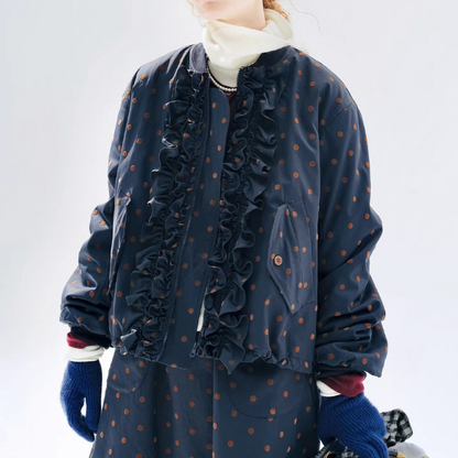 【2color】ドット柄フリルのバルーン裾キルティングジャケット《Z01360》