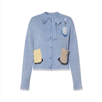 リボンタイ付き刺繍ポケットカーディガン《Z01104》