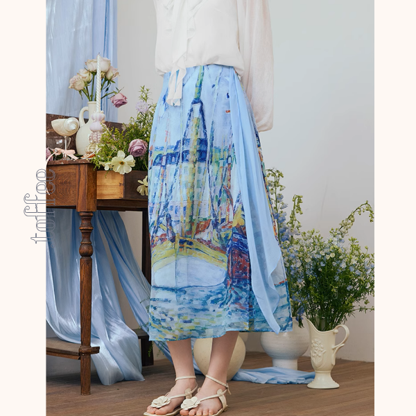 油絵プリントロングシフォンスカート《Z00974》