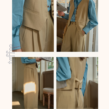 レトロ調シングルブレストベスト＆ハイウエストワイドパンツセットアップ　《Z00815》