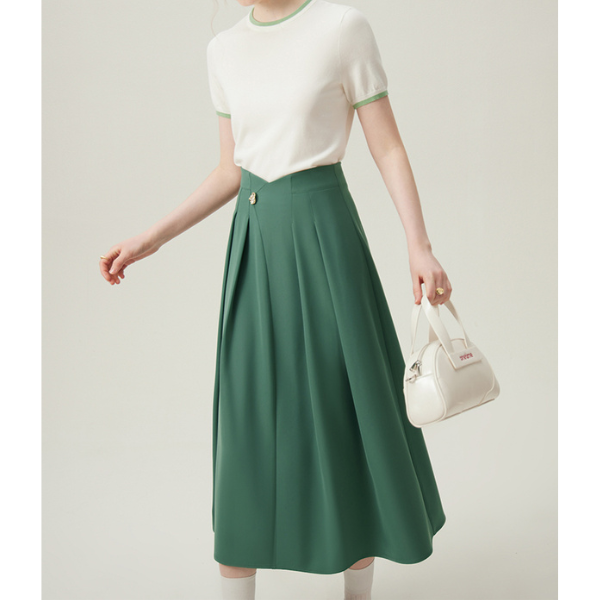【2color】ゴールドボタン付きハイウエストAラインスカート Z00094