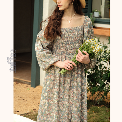 小花柄パフスリーブミモレ丈ワンピース　《Z00745》