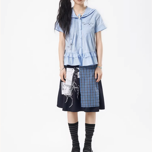 チェック切り替えアートプリントスカート《Z01111》