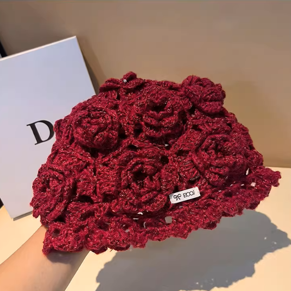 【4color】花モチーフが咲く＊かぎ針編みスパンコールニット帽《Z01194》