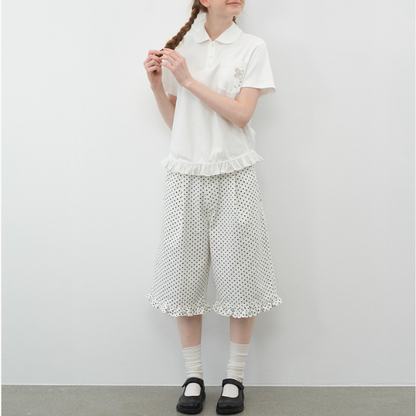 フリル裾花刺繍ポケット付き半袖トップス《Z01107》