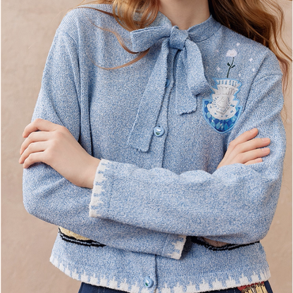 リボンタイ付き刺繍ポケットカーディガン《Z01104》