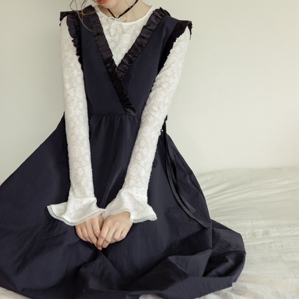 Vネックフリルロングワンピース Z00139