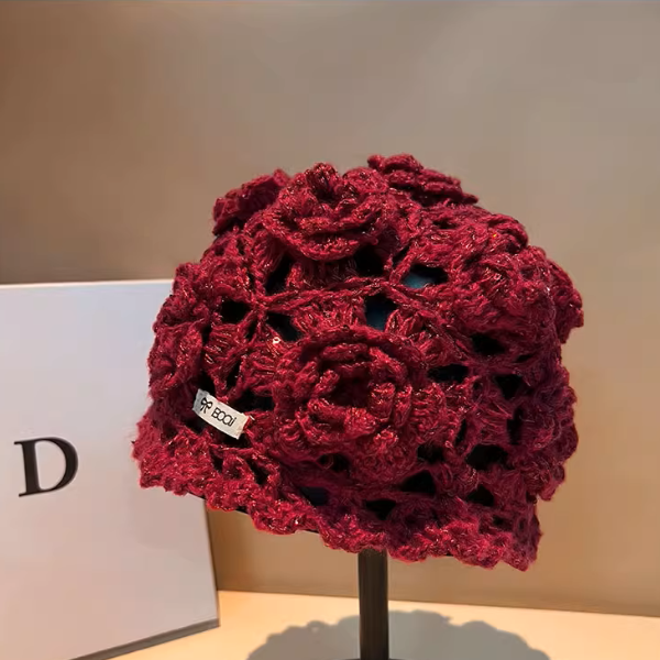 【4color】花モチーフが咲く＊かぎ針編みスパンコールニット帽《Z01194》