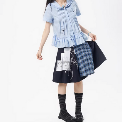 チェック切り替えアートプリントスカート《Z01111》