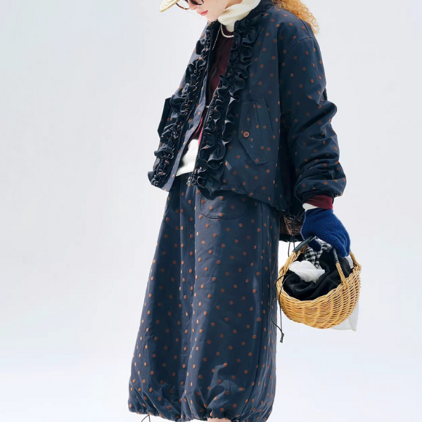 【2color】ドット柄フリルのバルーン裾キルティングジャケット《Z01360》