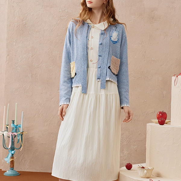 リボンタイ付き刺繍ポケットカーディガン《Z01104》