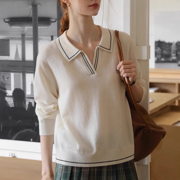 【2color】レトロ配色ポロカラーニットプルオーバー《Z01115》