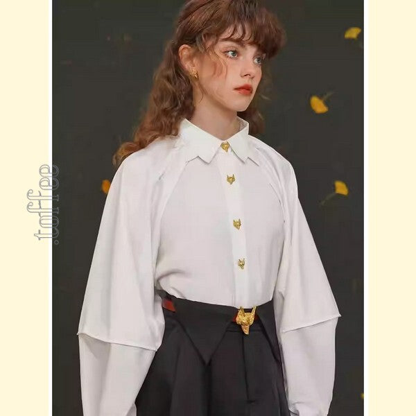 【2color】立体アートを纏う：キツネボタンの折り紙ブラウス C0174