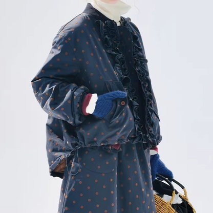 【2color】ドット柄フリルのバルーン裾キルティングジャケット《Z01360》