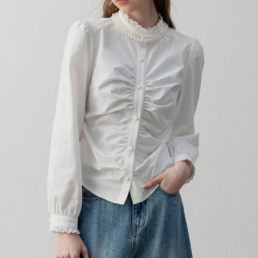 パール＆レースネックシャーリングロングスリーブシャツ　《Z00721》