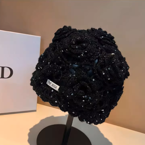 【4color】花モチーフが咲く＊かぎ針編みスパンコールニット帽《Z01194》