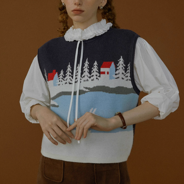 冬景色を描くレトロニットベスト《Z01082》