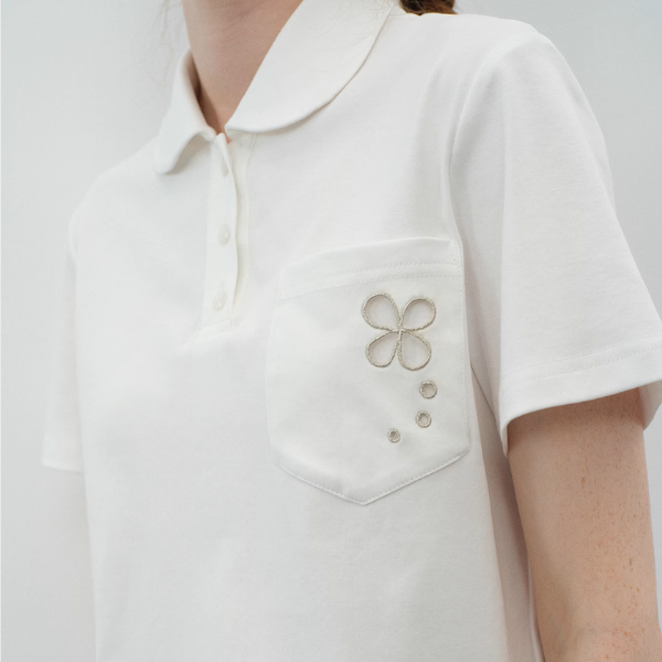 フリル裾花刺繍ポケット付き半袖トップス《Z01107》