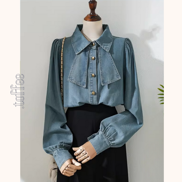 【2color】リボン襟×ふんわり袖のデニムデザインシャツ《Z01230》