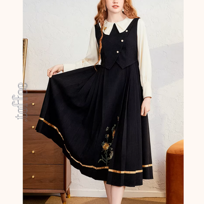 バイカラーと刺繍が映える上品プリーツワンピース《Z01207》