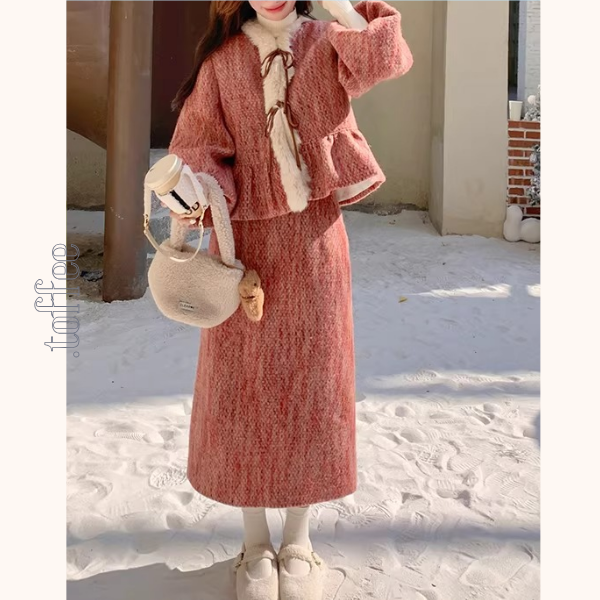 淡紅ファーリボンジャケット＆ミモレ丈スカートのセットアップ《Z01268》