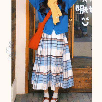 白地レトロチェックの揺れプリーツスカート《Z01206》