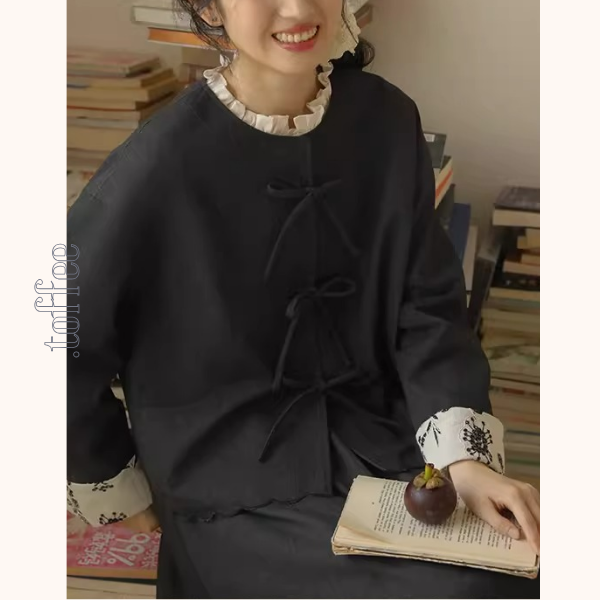 リボン留め×レイヤード風ブラックセットアップ《Z01358》