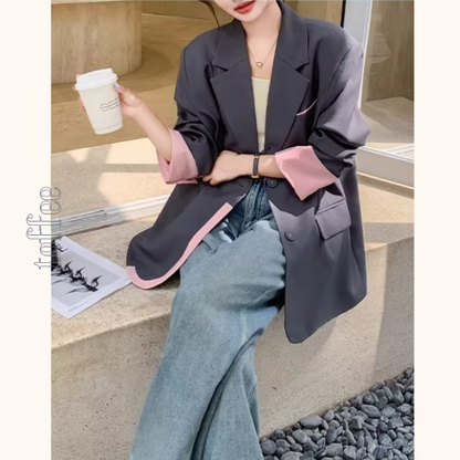 ピンク配色のカラーブロックスーツジャケット《Z01332》