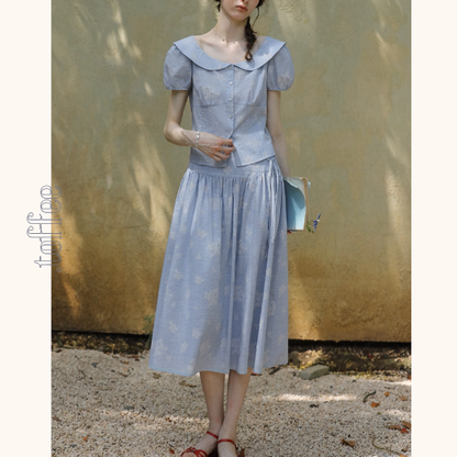 丸襟とパフスリーブのブルーワンピース《Z01090》