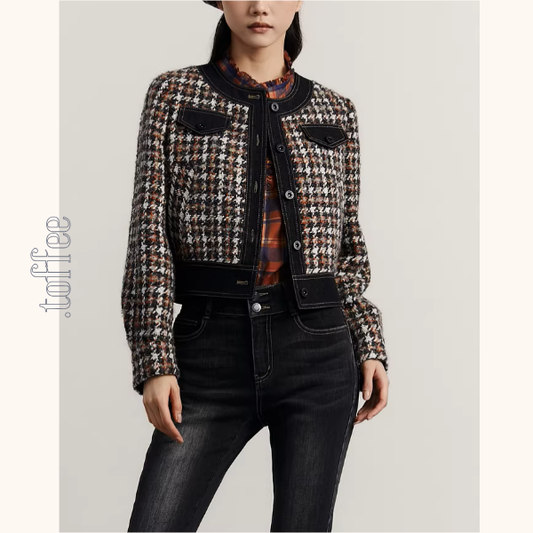 デニム縁取りが効いた千鳥格子クロップドジャケット《Z01483》