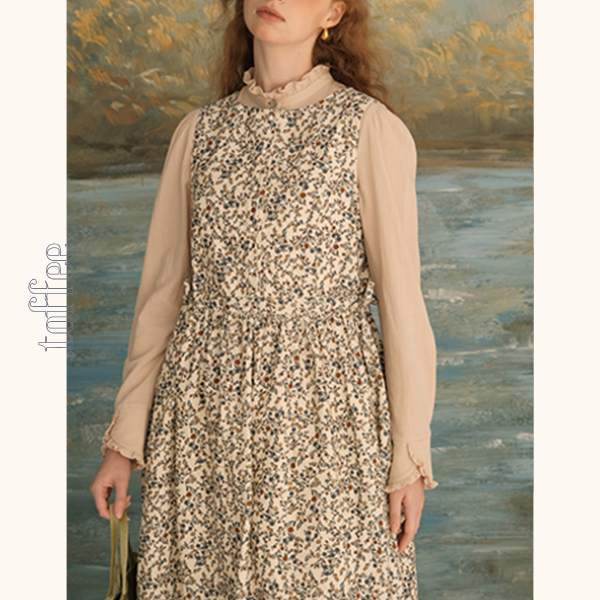 コーデュロイフローラルプリントノースリーブワンピース　Z00616