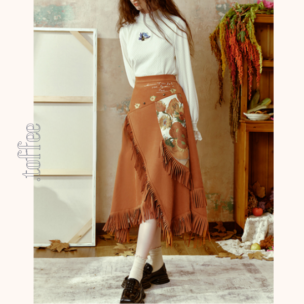 【2color】フリンジ付きアアシンメトリーロングスカート   《Z00664》