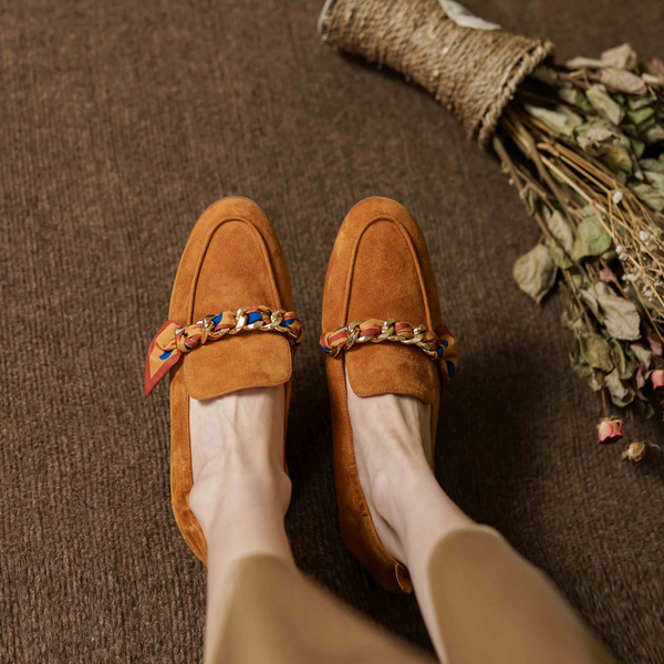 【2color】リボンチェーンラウンドトゥフラットシューズ X-369