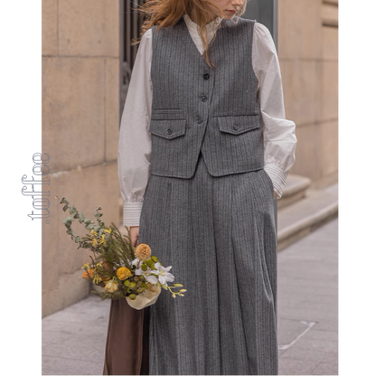 【3color】チェック柄リボン装飾ジレ＆ミモレ丈プリーツスカートセットアップ《Z00858》