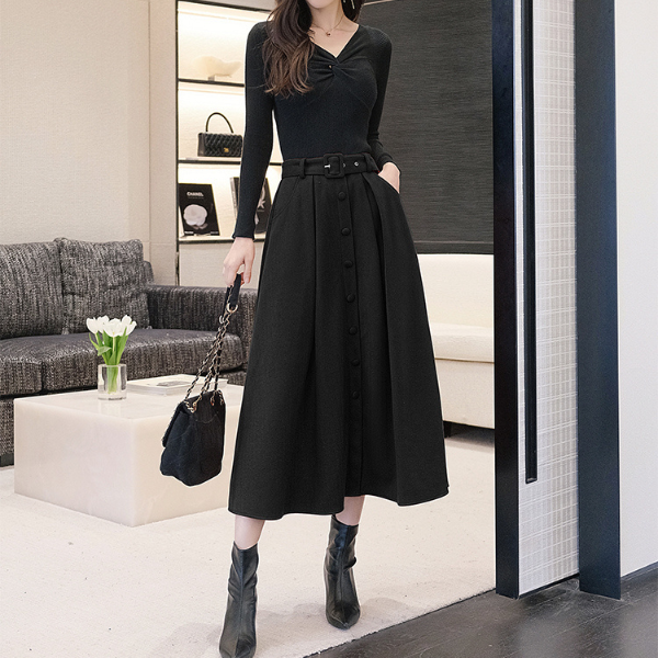 【2color】ベルテッドウールフレアスカート X-386