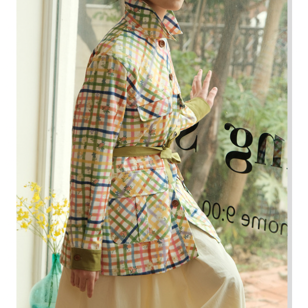 小花×チェック柄のカラフルシャツ Z00078
